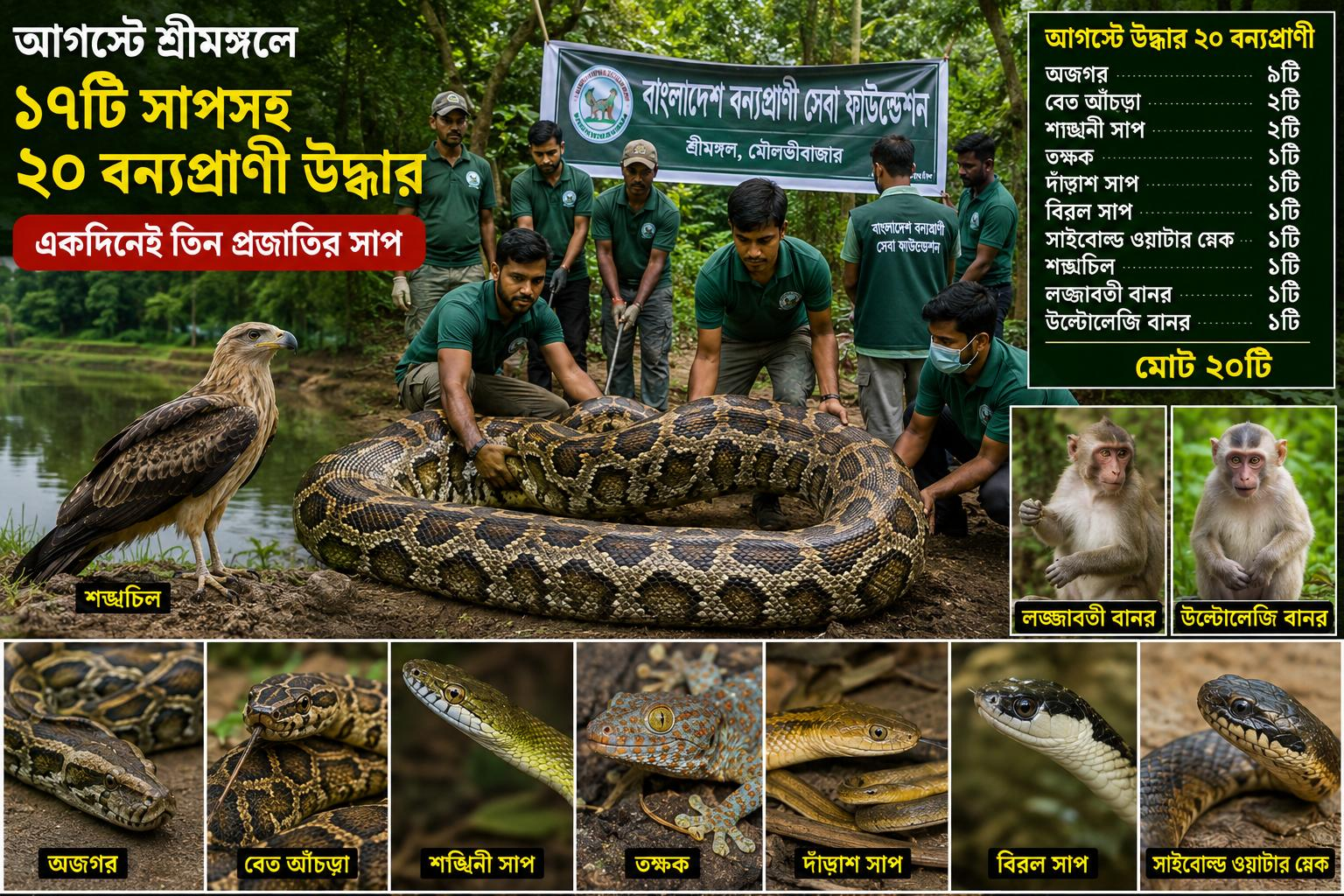 আগস্টে শ্রীমঙ্গলে ১৭টি সাপসহ ২০ বন্যপ্রাণী উদ্ধার, এক দিনেই তিন প্রজাতির সাপ